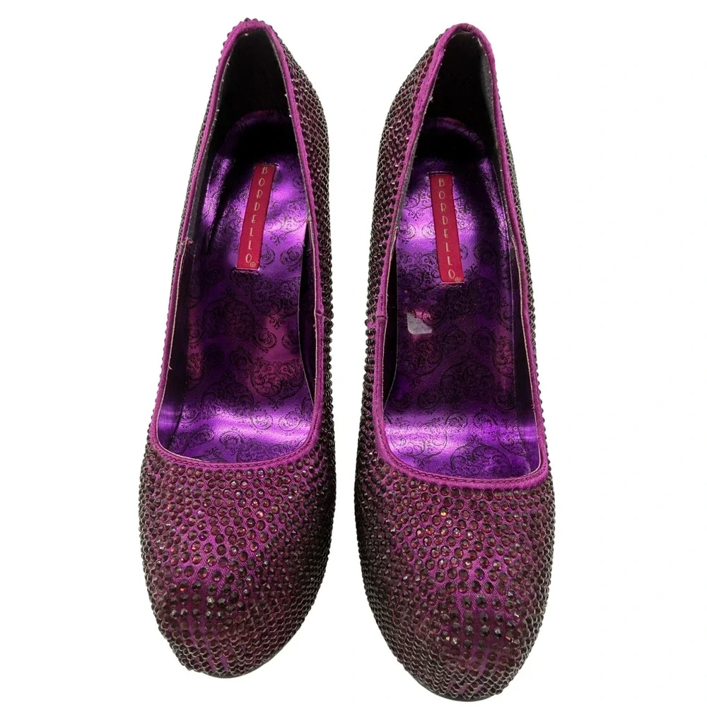 Bordello Teeze-06R Purple‎ Rhinestone Platform Pumps Stiletto Heels Womens 7